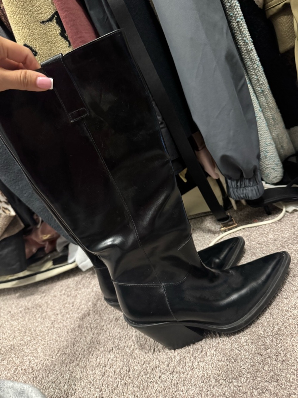 Zara Black Leather Pointed-Toe Mid-Calf Heeled Boots